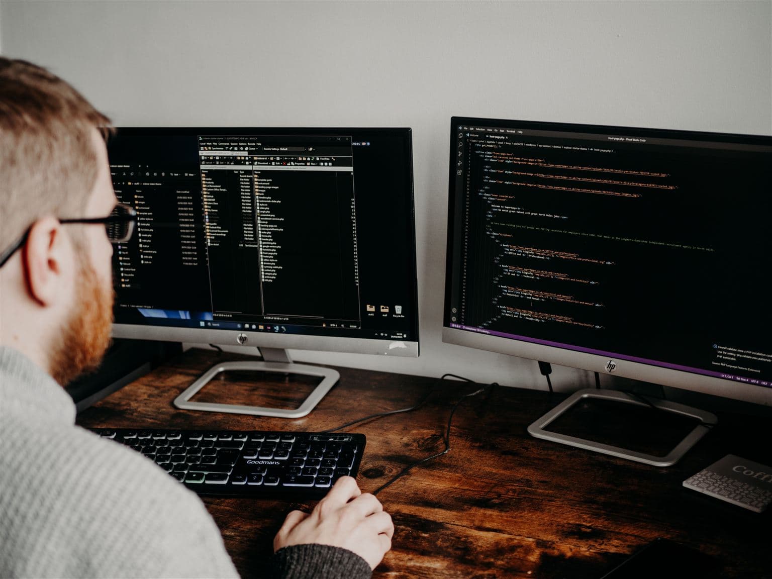 Developer programming with dual monitors